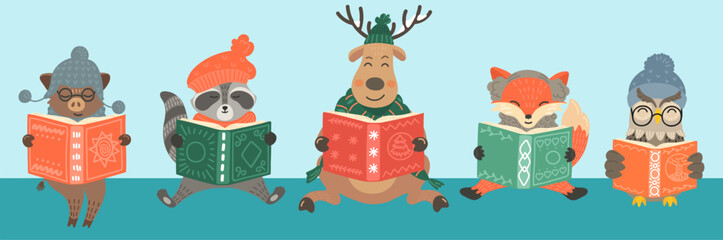 Animals in winter read books. Kids' library concept. Storytime.