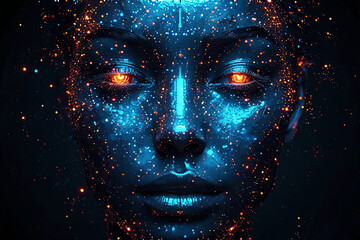 cosmic blue female face with glowing orange eyes with neon particles, psychedelic cover illustration