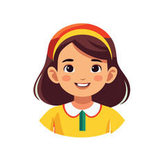 Obraz premium Cute cartoon girl with brown hair and a colorful headband smiling happily