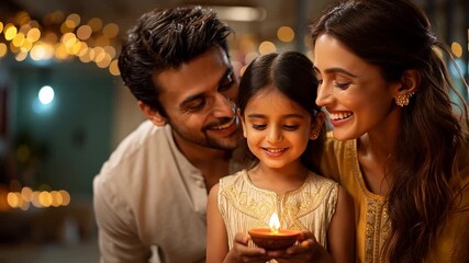 happy indian family celebrating diwali festival together.