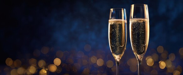 The elegant champagne glasses with bubbles against a festive blue backdrop.