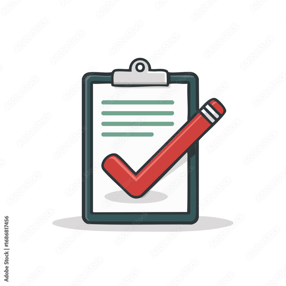 Poster checklist clipboard with red check mark and document lines indicating completion
