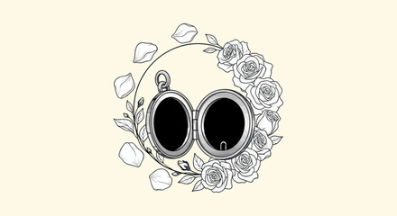 Hand drawn sketch of a romantic open locket with roses.