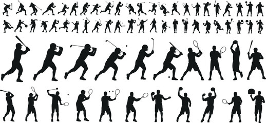 Dynamic sports silhouettes featuring athletes in various action poses, including martial arts, ball games, and fitness activities for creative vector illustration projects