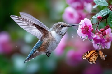 Fototapeta premium Hummingbird and Butterfly in Rainy Garden
