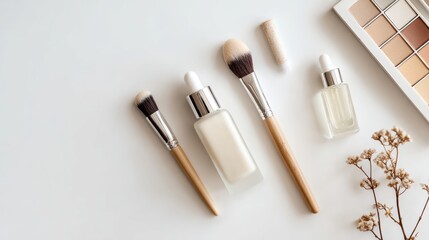 Stylish makeup brushes and skin care products elegantly arranged on a flat surface, ideal for beauty enthusiasts.