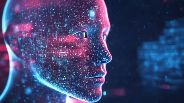 Artificial intelligence face emerging from binary code data stream