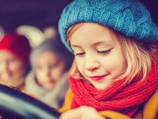 A joyful young girl grips the steering wheel, exploring imagination and adventure in a cozy winter setting with friends