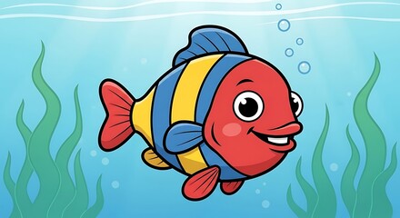 Colorful Cartoon Fish Swimming in Underwater Scene with Seaweed