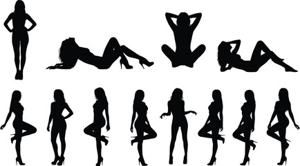 Elegant female fashion model silhouettes in various stylish poses wearing high heels, perfect for art reference, design inspiration, and creative projects