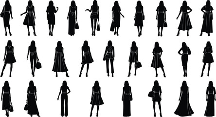 Elegant women fashion silhouettes in various poses and outfits, stylish female figures for design, modeling, clothing, boutique, and lifestyle themes