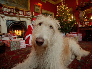 An adorable Irish Wolfhound in festive Santa attire, enjoying a cozy Christmas surrounded by gifts and a warm fireplace