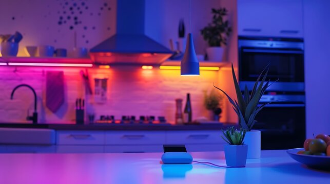 Smart kitchen with vibrant ambient lighting, showcasing a modern and connected home environment with a focus on technology and design, creating a unique atmosphere