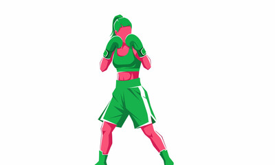 Green-clad female boxer in fighting stance, pink gloves, athletic pose, dynamic illustration.