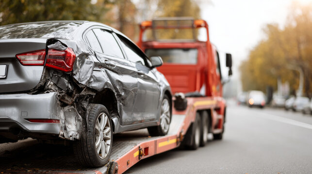 Crashed car with rear damage being loaded onto tow truck after an accident. This stressful emergency needs road assistance