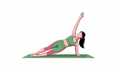 Illustration of a woman in green activewear performing a Vasisthasana side plank on a mat.