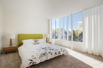 Modern luxury bedroom interior in minimal scandinavian style, 3d render