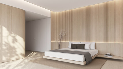 Modern luxury bedroom interior in minimal scandinavian style, 3d render