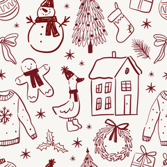 Hand-Drawn Christmas Whimsy Decor Elements. Doodle Style. Christmas Festive decoration. Winter holiday ornament, leaf, ribbon, and tree. Flat vector seamless pattern 