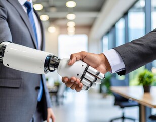 Artificial Intelligence and Human Collaboration Concept &ndash; Robot Handshake in Modern Office
