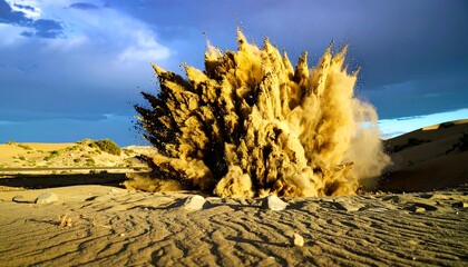 Explosive sand cloud explosion in desert landscape