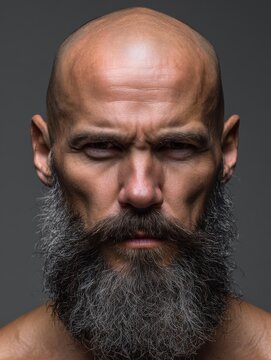 Intense bald man with long gray beard portrait