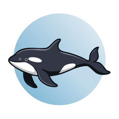 Fototapeta premium Cute cartoon killer whale illustration swimming in blue water. Orca vector graphic icon.