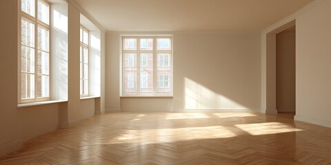 Fototapeta premium Empty room with sunlight streaming through large windows (2)