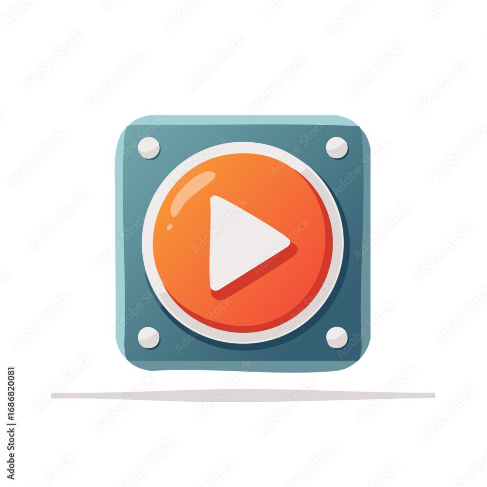 Poster cartoon play button illustration. video media or game player interface graphic with round button.