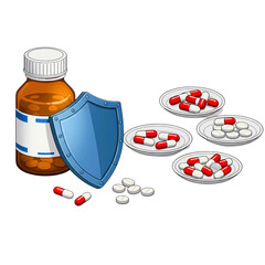 Medicine bottle and shield symbolizing health protection and immunity white background