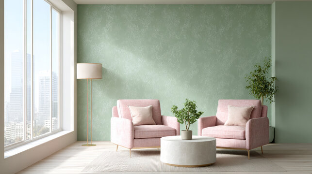 Serene living room interior design with modern armchair furniture. peaceful home background with empty space and bright light