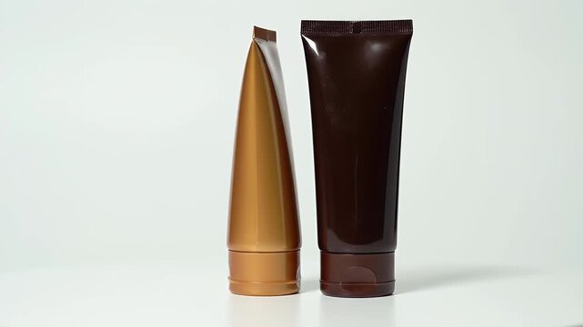 Cosmetic Products Presentation in Studio Gold Tube and Brown Cream Against White Background Skin Care Products Beauty Essentials Advertisement Campaign Display Beauty Concept