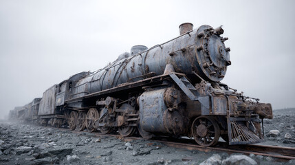 Fototapeta premium Old rusty abandoned train locomotive on forgotten track in desolate wasteland, powerful symbol of decay and silence