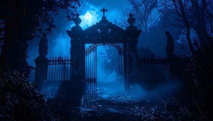 Spooky graveyard gate at night