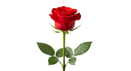 A single, perfect red rose with a long green stem and leaves, standing upright and isolated on a white background.

