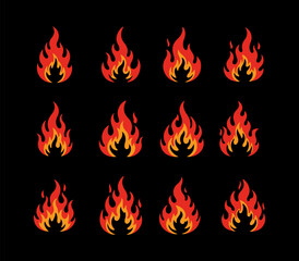 Burning hot orange and yellow fire flames, a danger symbol set for illustration, tattoo, or design element