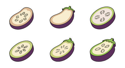Fototapeta premium Sliced Eggplant Vector Icon Set with Purple Skin and Beige Interior
