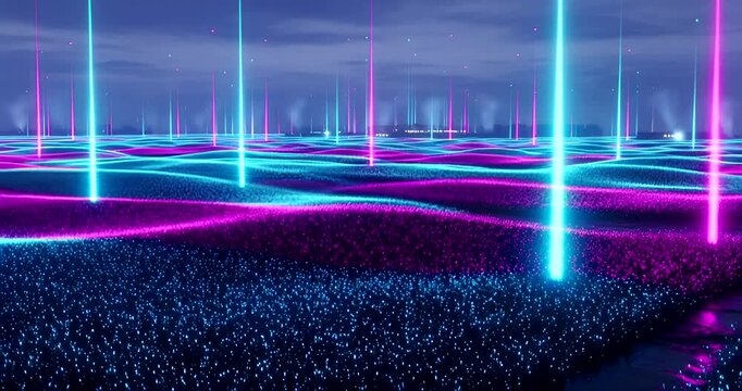 Futuristic Landscape: Neon Beams Illuminate Wavy Terrain, Abstract Digital Art