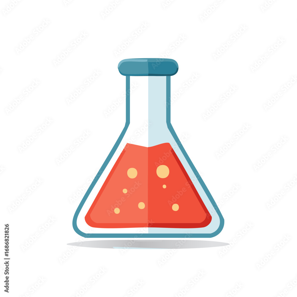 Poster flat design illustration of a science flask filled with red liquid and bubbles