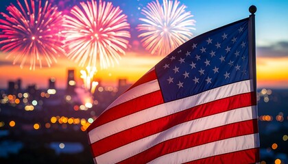 American flag waving with fireworks over city at dusk
