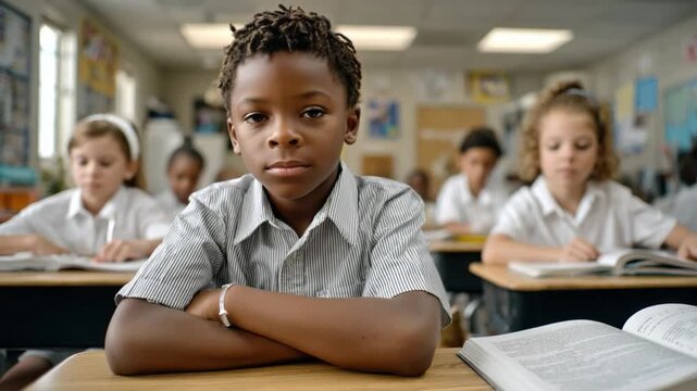 Focused Student in the Classroom: A determined young scholar, exuding focus and potential, sits attentively in a classroom setting.