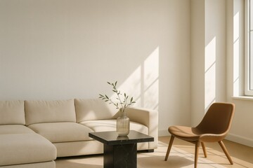 Modern beige sectional sofa with black marble side table and leather accent chair