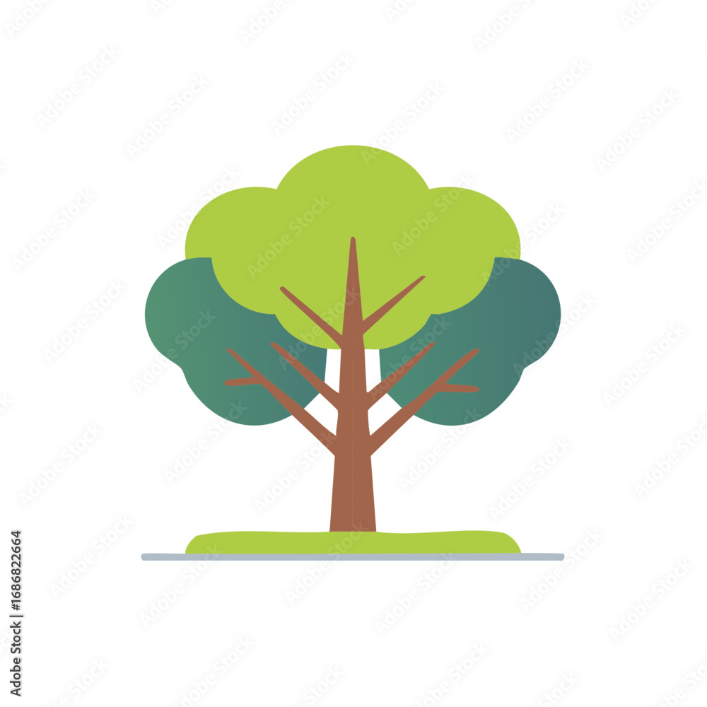Poster stylized green tree with brown trunk and branches and gradient foliage