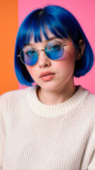 Vibrant Portrait of Woman Wearing Blue Sunglasses and Sweater