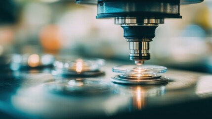 Rapid automated lens cutter intensely focused on swiftly carving multiple lenses in sequence background factory environment blurred to showcase fast precise craftsmanship.