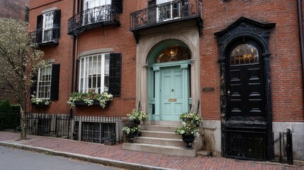 Boston Neighborhood. Urban Street in Historic Beacon Hill District with Old Buildings