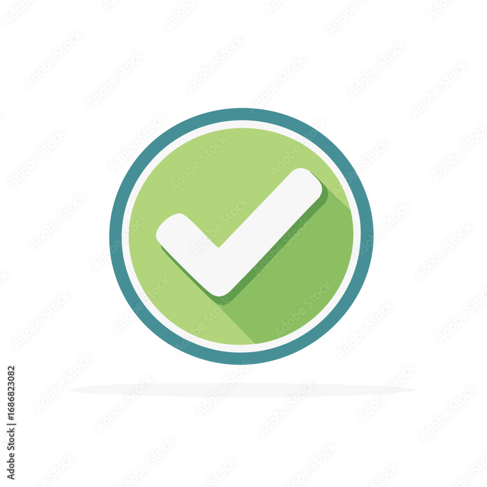 Poster green checkmark icon with long shadow inside a blue circle signifying approval and validation