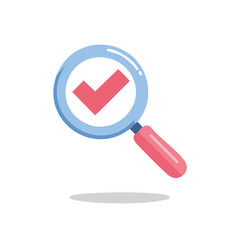 Magnifying glass with red checkmark symbol illustrating search, verification, approval, and quality control concept