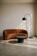 Modern minimalist living room with burnt orange curved sofa, black floor lamp and round coffee table