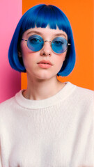 Vibrant Portrait of Woman Wearing Blue Sunglasses and Sweater